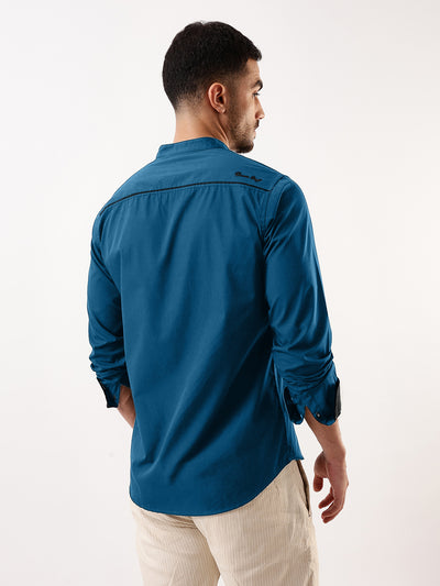 Men Teal Solid Mandarin Collar Full Sleeves Regular Fit Casual Shirt
