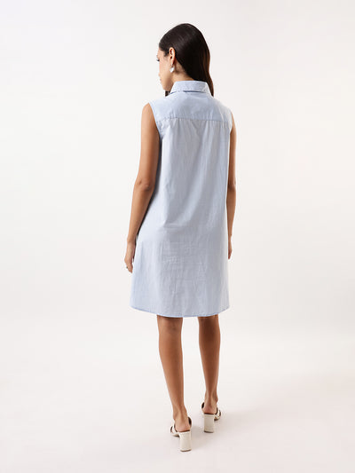 DL Woman Light Blue Embroidered Spread Collar Sleeveless Shirt Dress