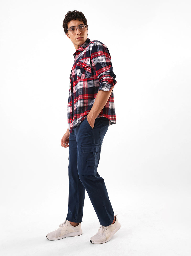 Men's Dark Blue Solid Cotton Relaxed Fit Mid-Rise Cargo Trousers