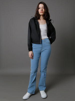 Women Hooded Neck Long Sleeve Open Front Jacket