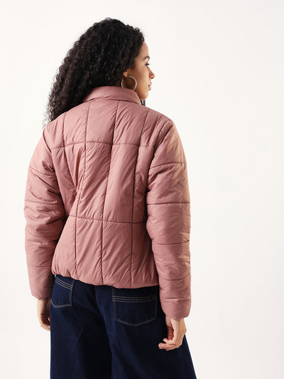 DL Woman Dusty Pink Solid Stand Collar Full sleeves Puffer Jacket