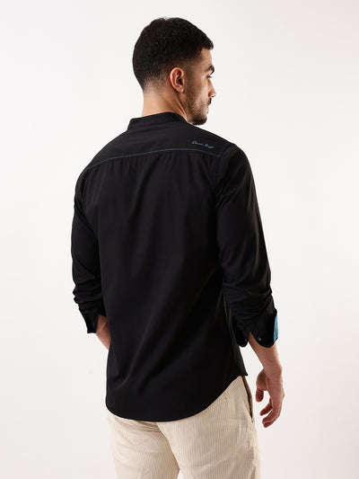 Men Black Solid Mandarin Collar Full Sleeves Regular Fit Casual Shirt