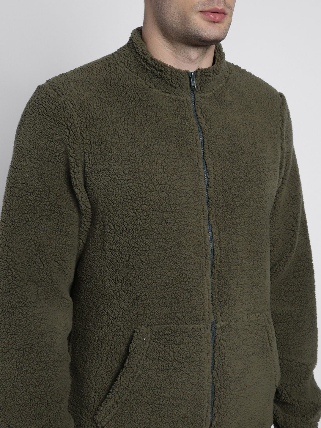 Dennis Lingo Men's Olive Solid Fleece High Neck Full Sleeve Light weight jacket Jackets