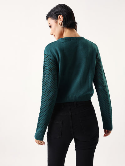 DL Woman Solid Round Neck Pointelle Knit Sweater