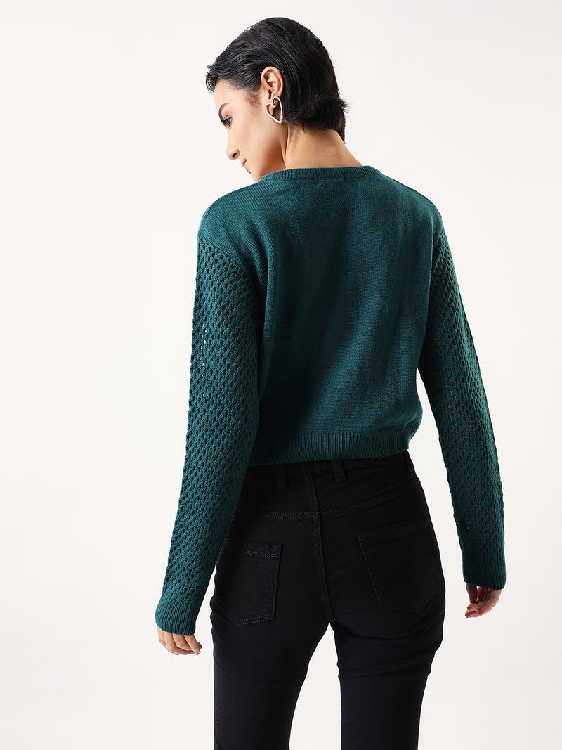 DL Woman Solid Round Neck Pointelle Knit Sweater