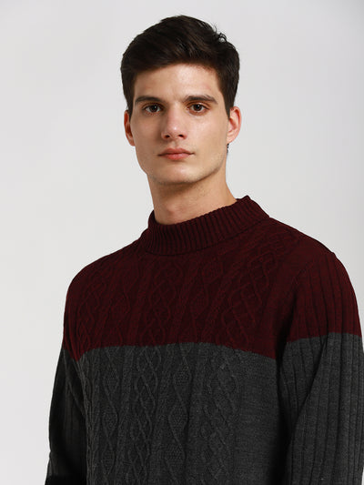 Men's Maroon Colorblock Round neck Pullover Sweater