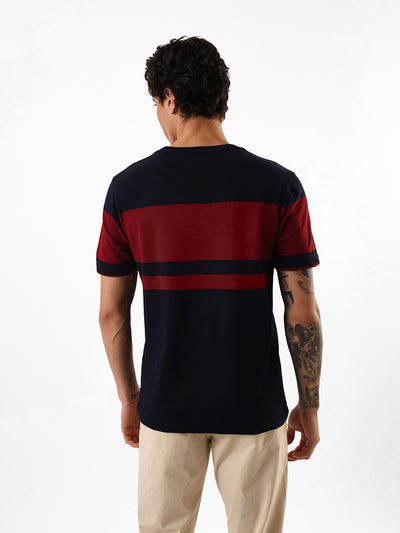 Men's Navy & Red Striped Round Neck Relaxed Fit T-shirt