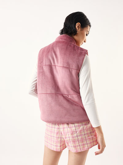 DL Woman Solid Stand Collar Sleeveless Velvet Jacket