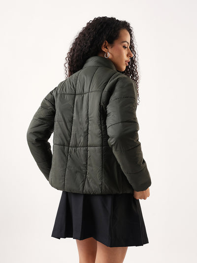 DL Woman Olive Solid Stand Collar Full sleeves Puffer Jacket