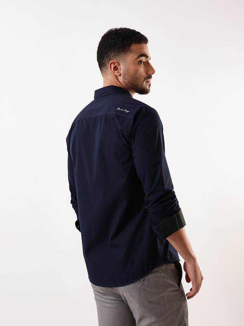 Men Navy Solid Spread Collar Full Sleeves Regular Fit Casual Shirt