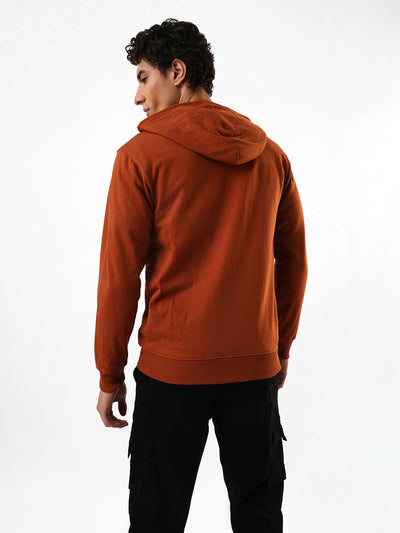 Men's Brown Solid Hooded Front-Open Fleece Sweatshirt