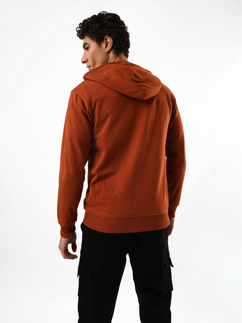 Men's Brown Solid Hooded Front-Open Fleece Sweatshirt