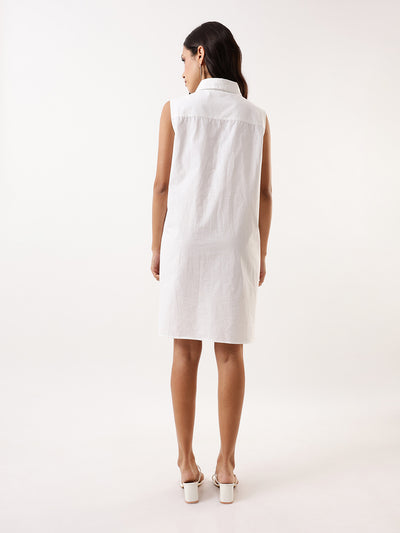 DL Woman White Embroidered Spread Collar Sleeveless Shirt Dress