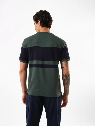 Men's Green Striped Round Neck Relaxed Fit T-shirt