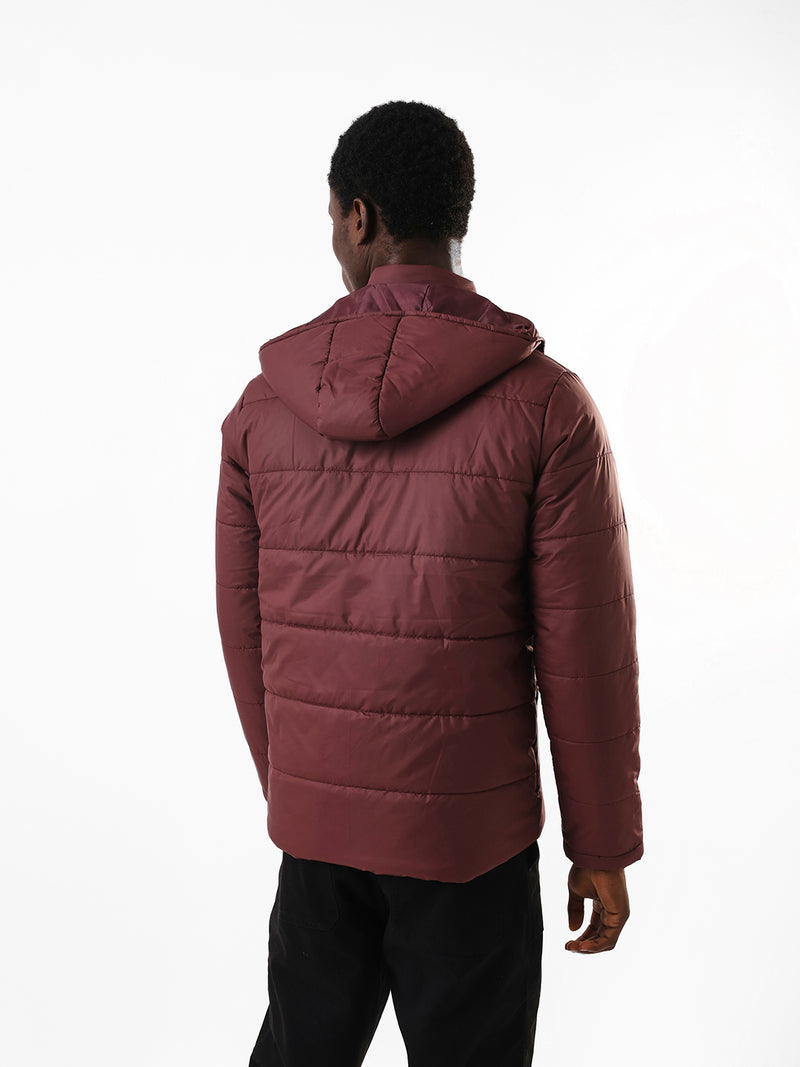 Men's Wine Solid Hooded Full Sleeves Puffer Jacket