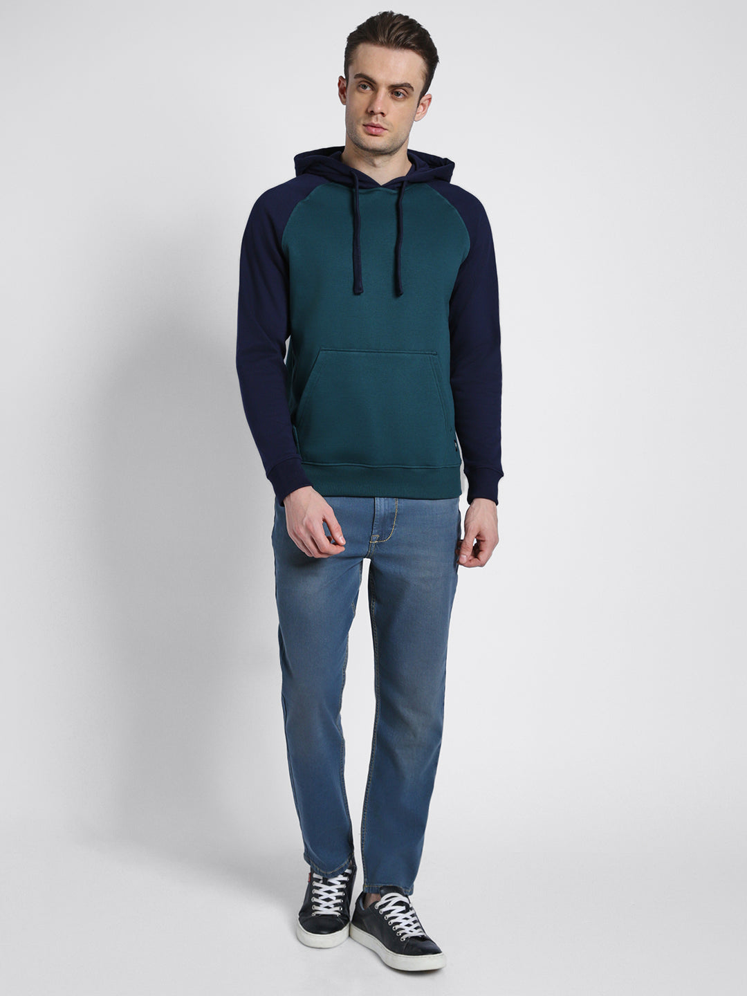 Men's Teal Colourblocked Full Sleeves Hoodie