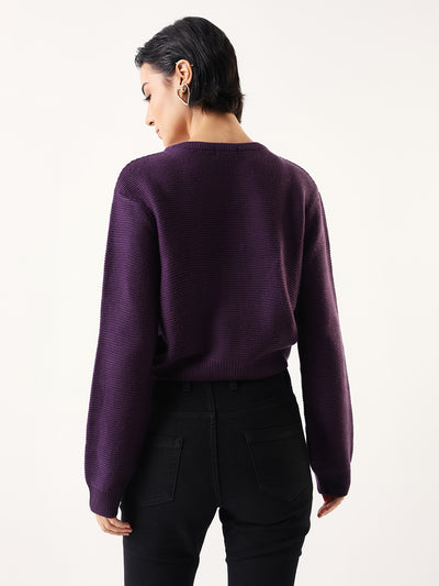 DL Woman Solid Round Neck Full Sleeves Cable Knit Sweater