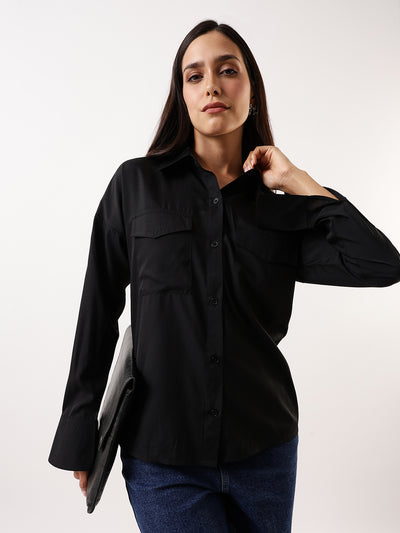 DL Woman Solid Double Pocket Spread Collar Shirt