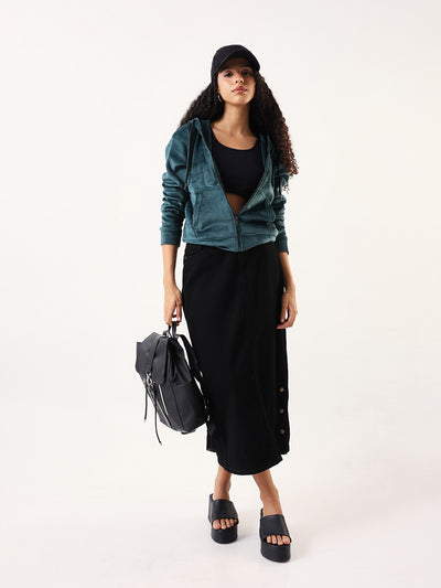 DL Woman Solid Full Sleeves Hooded Velvet Jacket