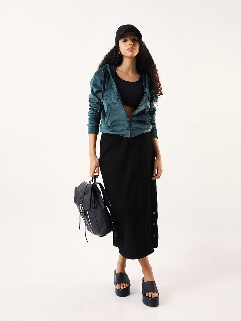 DL Woman Solid Full Sleeves Hooded Velvet Jacket