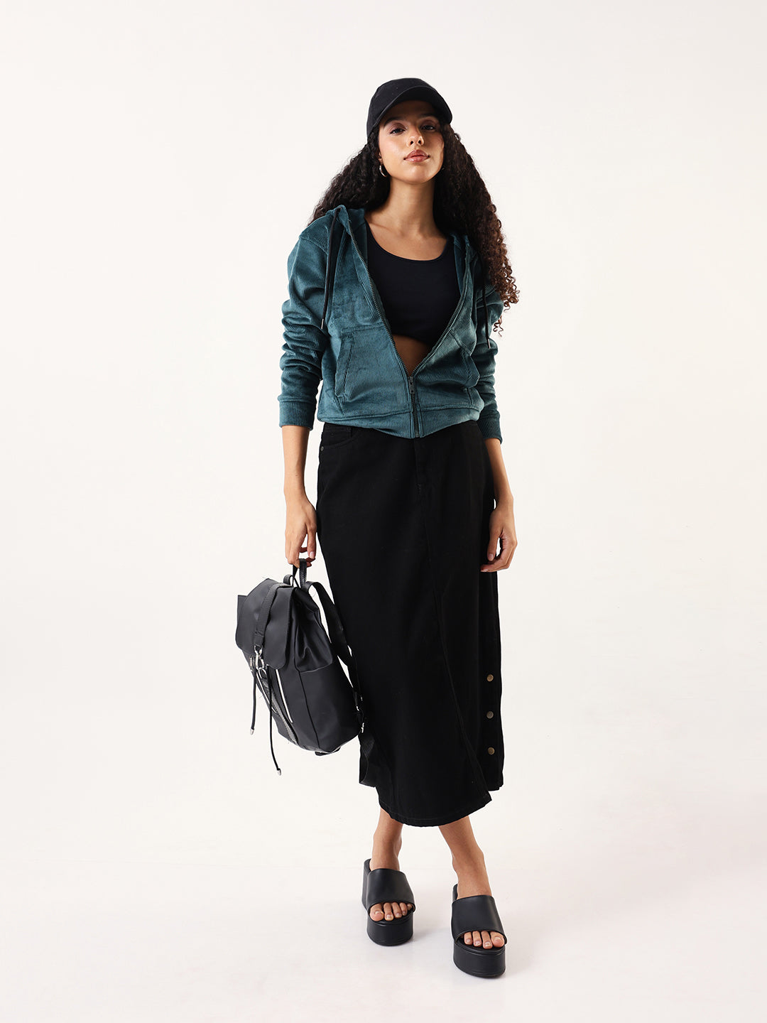 DL Woman Solid Full Sleeves Hooded Velvet Jacket