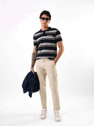 Men's Navy Striped Polo Collar Relaxed Fit T-shirt