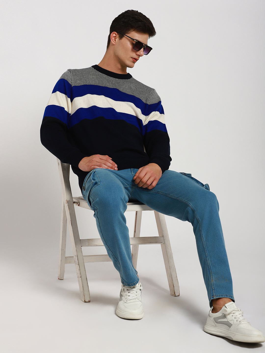 Dennis Lingo Men's Navy Striper  Full Sleeves Pullover Sweater