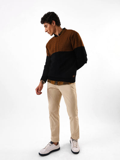 Men's Black & Brown Colourblocked Cable Knit Round Neck Pullover Sweater