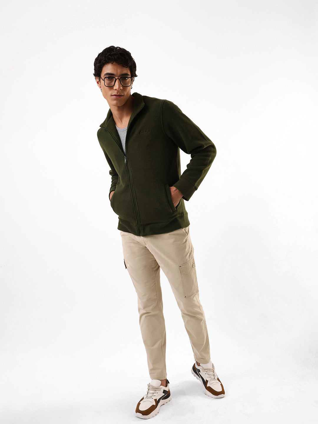 Men's Olive Solid Mock Collar Full Sleeves Open Front Jacket