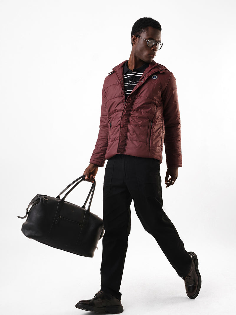 Men's Wine Solid Hooded Full Sleeves Puffer Jacket