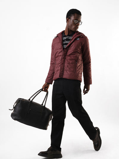 Men's Wine Solid Hooded Full Sleeves Puffer Jacket