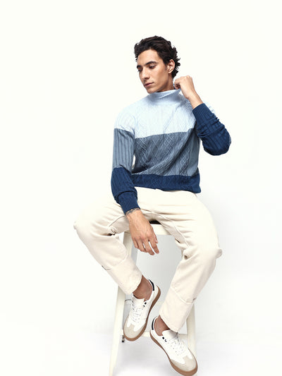 Men's Colourblocked Cable Knit Turtle Neck Pullover Sweater