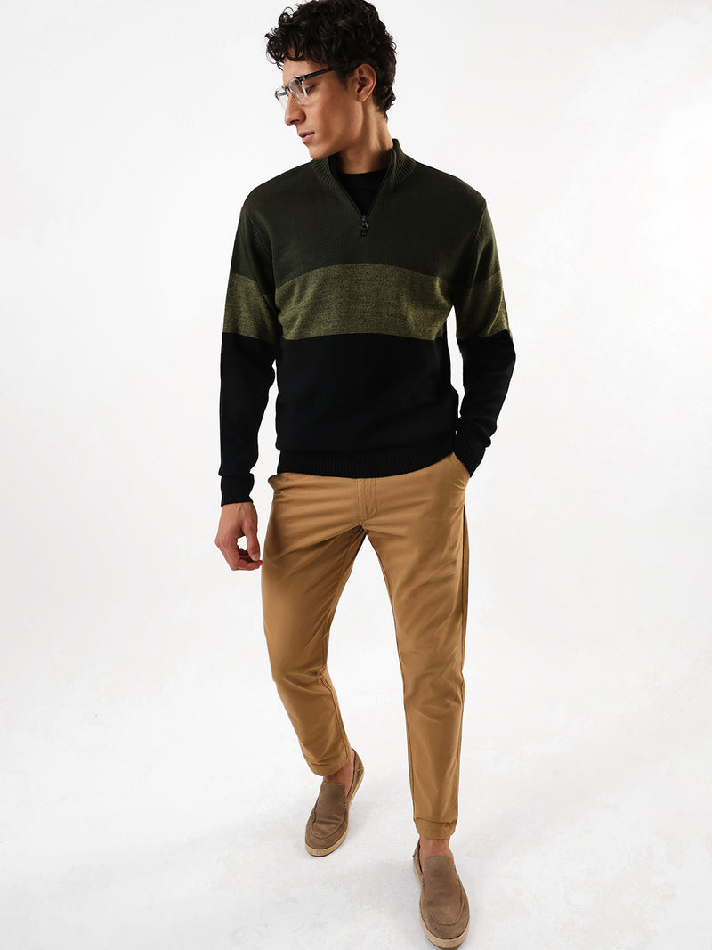 Men's Colourblocked Mock Collar Pullover Sweater