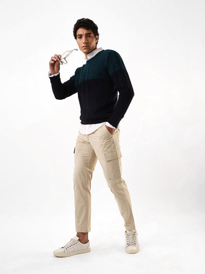Men's Teal & Black Colourblocked Cable Knit Round Neck Pullover Sweater