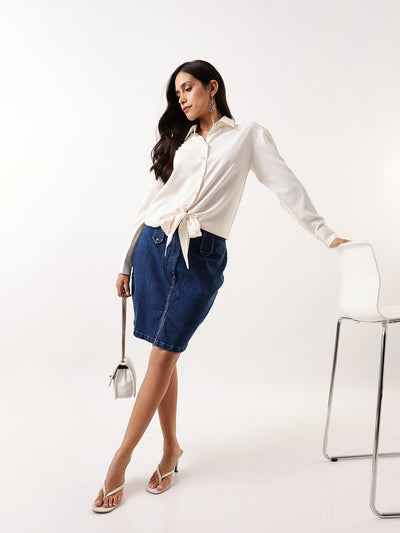 DL Woman Solid Knotted Shirt Collar Top