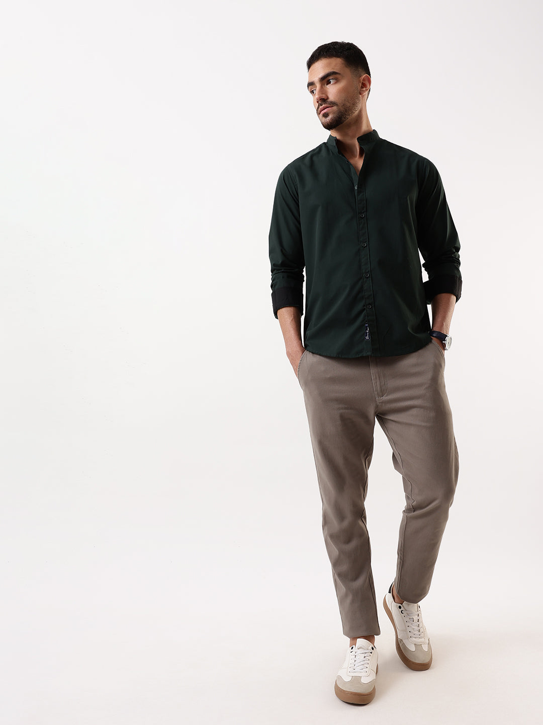 Men's Bottle green Solid Mandarin Collar Full Sleeves Regular Fit Casual Shirt