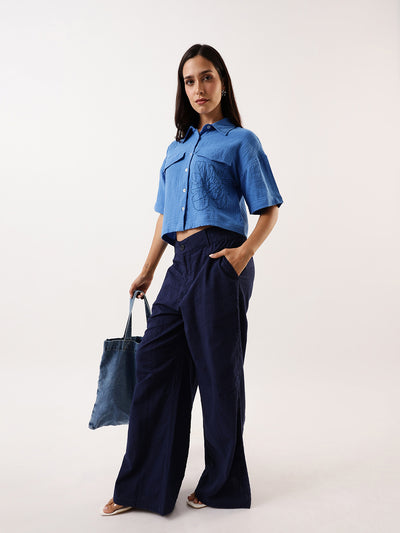 DL Woman Blue Embroidered Half Sleeves Spread Collar Textured Boxy Shirt