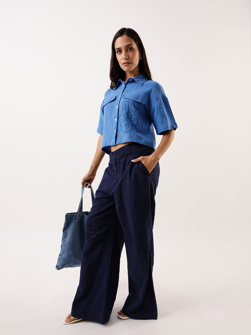 DL Woman Blue Embroidered Half Sleeves Spread Collar Textured Boxy Shirt