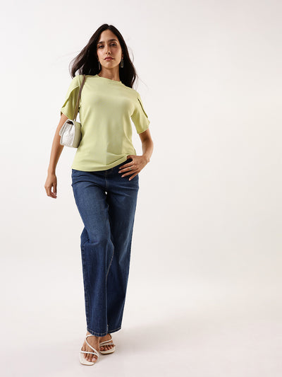 DL Woman Green Solid Textured Round Neck Petal Sleeves Top