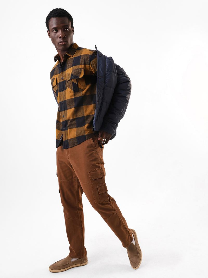 Men's Olive Flannel Checks Spread Collar Relaxed Fit Casual Shirt