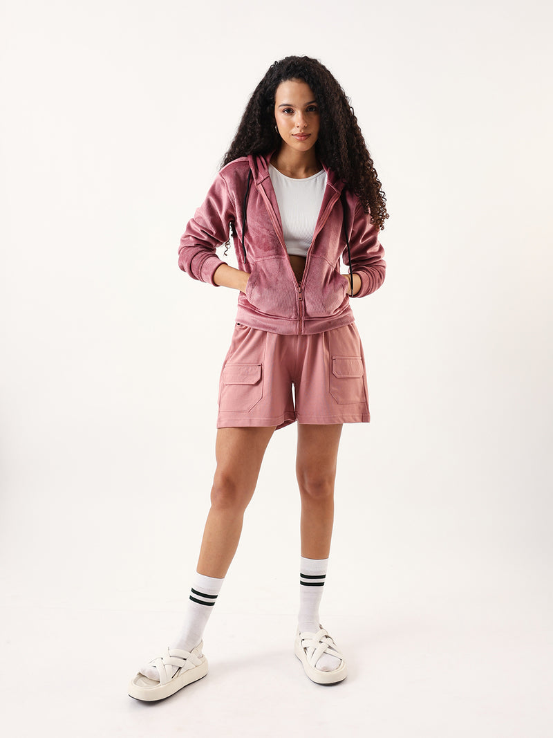 DL Woman Solid Full Sleeves Hooded Velvet Jacket