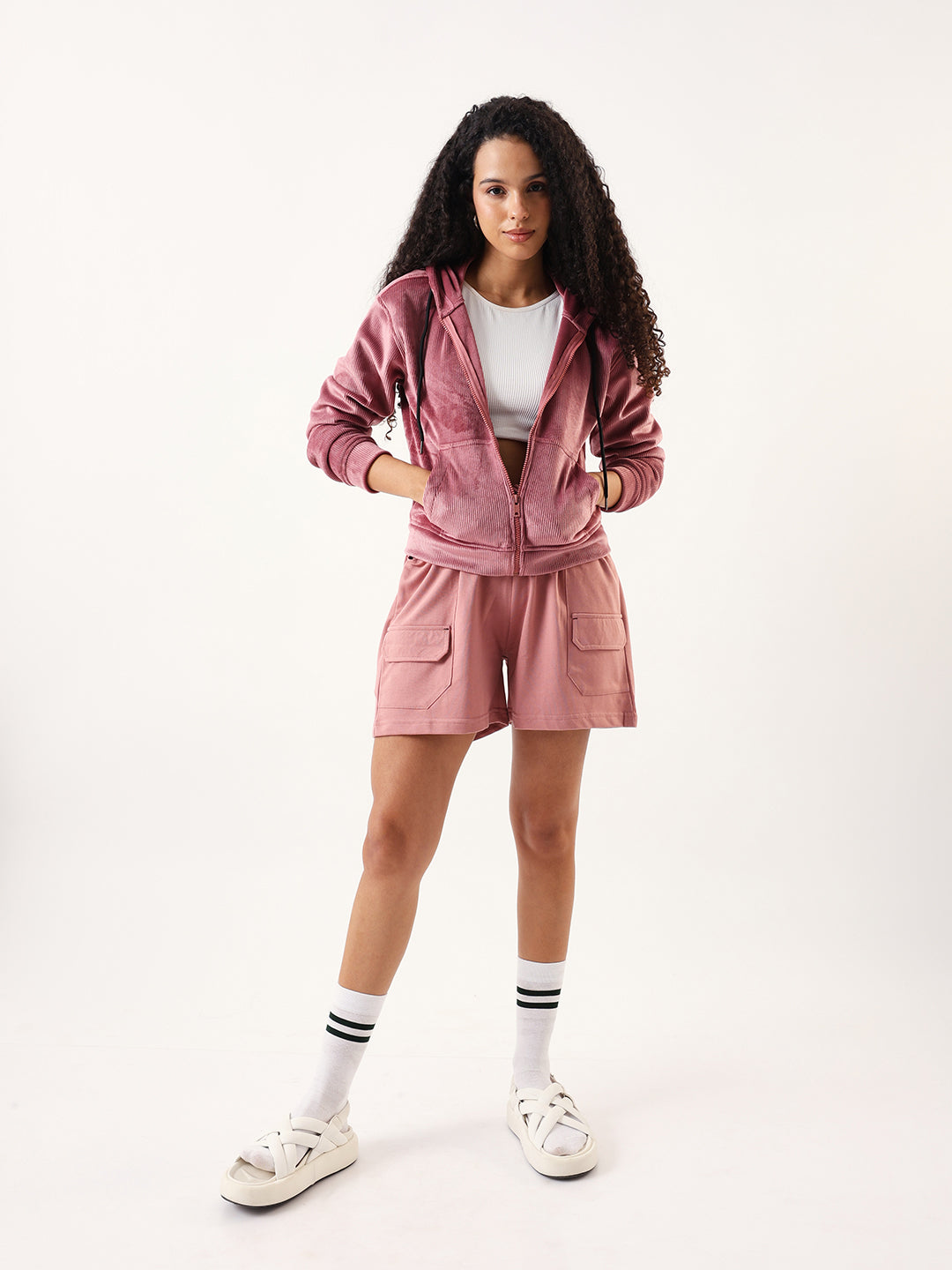 DL Woman Solid Full Sleeves Hooded Velvet Jacket