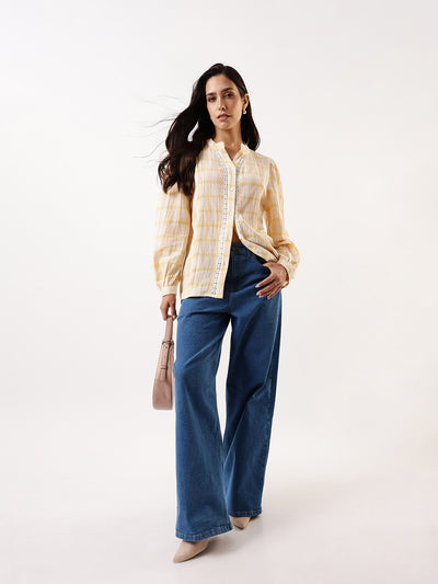 DL Woman Yellow Checks Mandarin Collar Full Sleeves Top