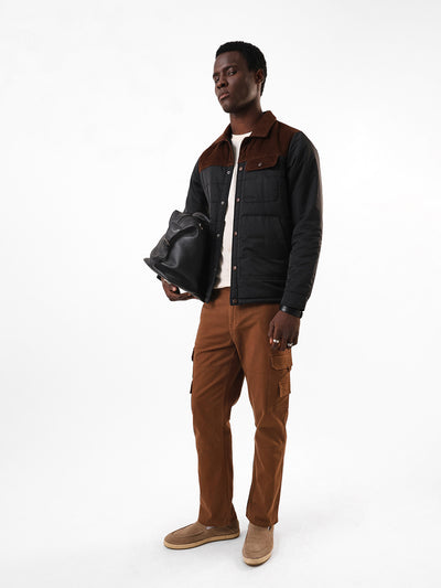 Men's Black & Brown Colourblocked Spread Collar Full Sleeves Puffer Jacket
