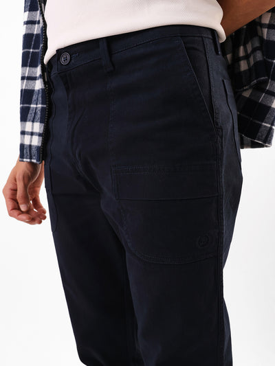 Men's Navy Solid Cotton Relaxed Fit Mid-Rise Cargo Trousers