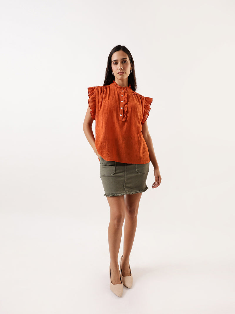 DL Woman Rust Solid Textured Sleeveless Round Neck Ruffle Top