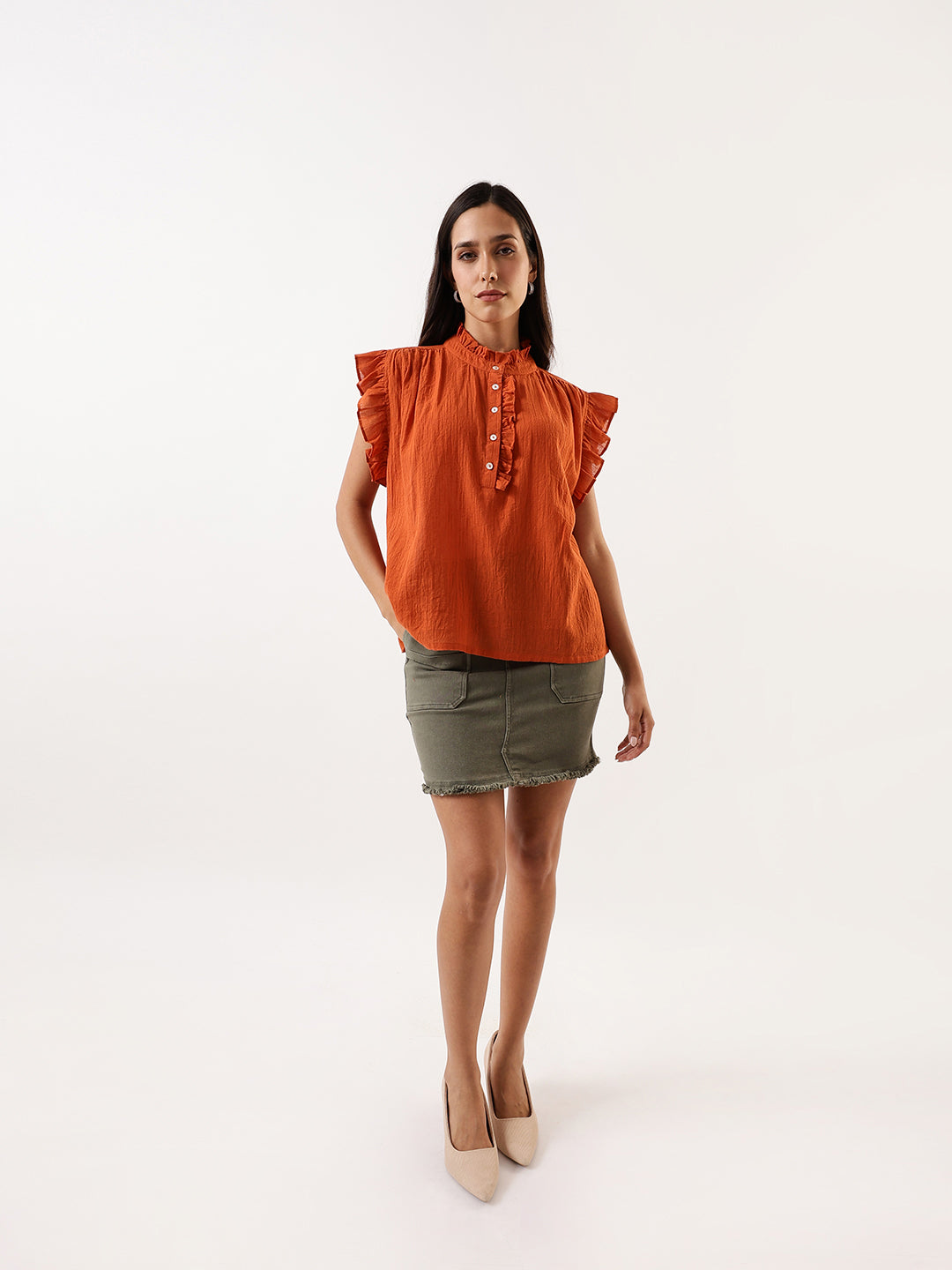 DL Woman Rust Solid Textured Sleeveless Round Neck Ruffle Top