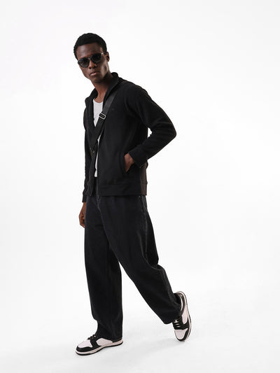 Men's Black Solid Mock Collar Full Sleeves Open Front Jacket