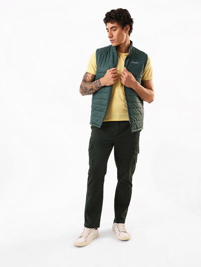 Men's Olive Solid Cotton Relaxed Fit Mid-Rise Cargo Trousers