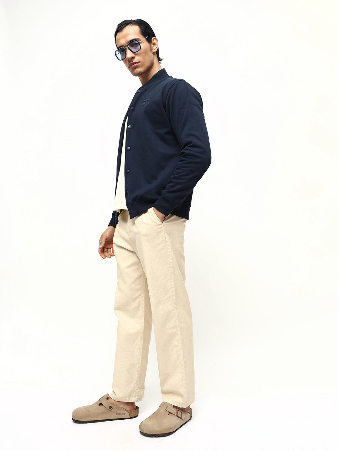 Men's Navy Blue Solid Rib Collar Full Sleeves Sweatshirt